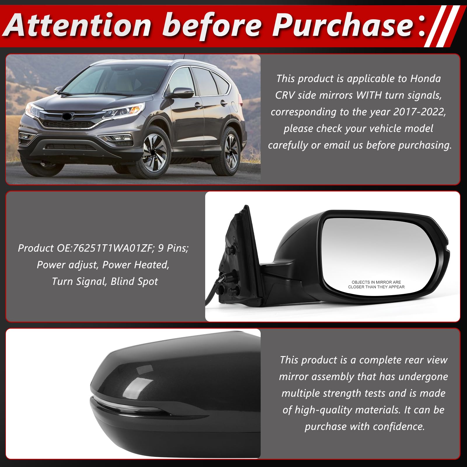 Right Side Mirror For 2017-2022 Honda CR-V – Heated, Blind Spot, 9-Pin, Pearl White (Unbranded)