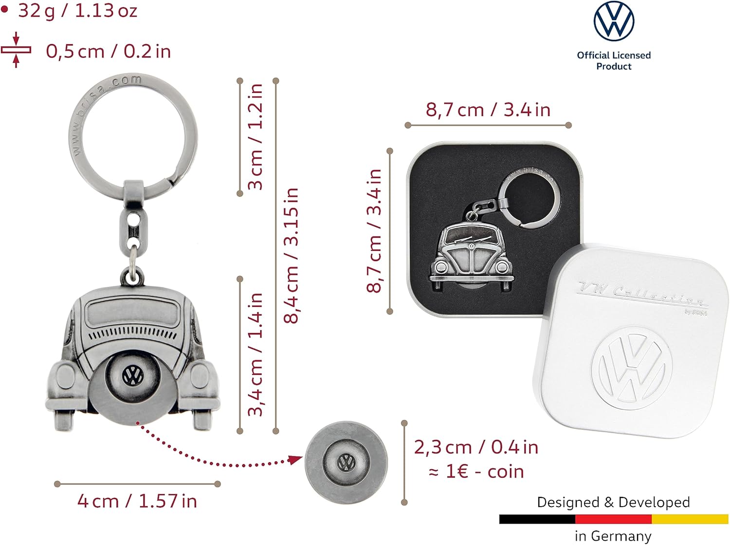 BRISA VW Collection - Volkswagen Metal Keyring with Shopping Cart Chip Keychain Accessory Keyholder in Beetle Bug Design (Silver)