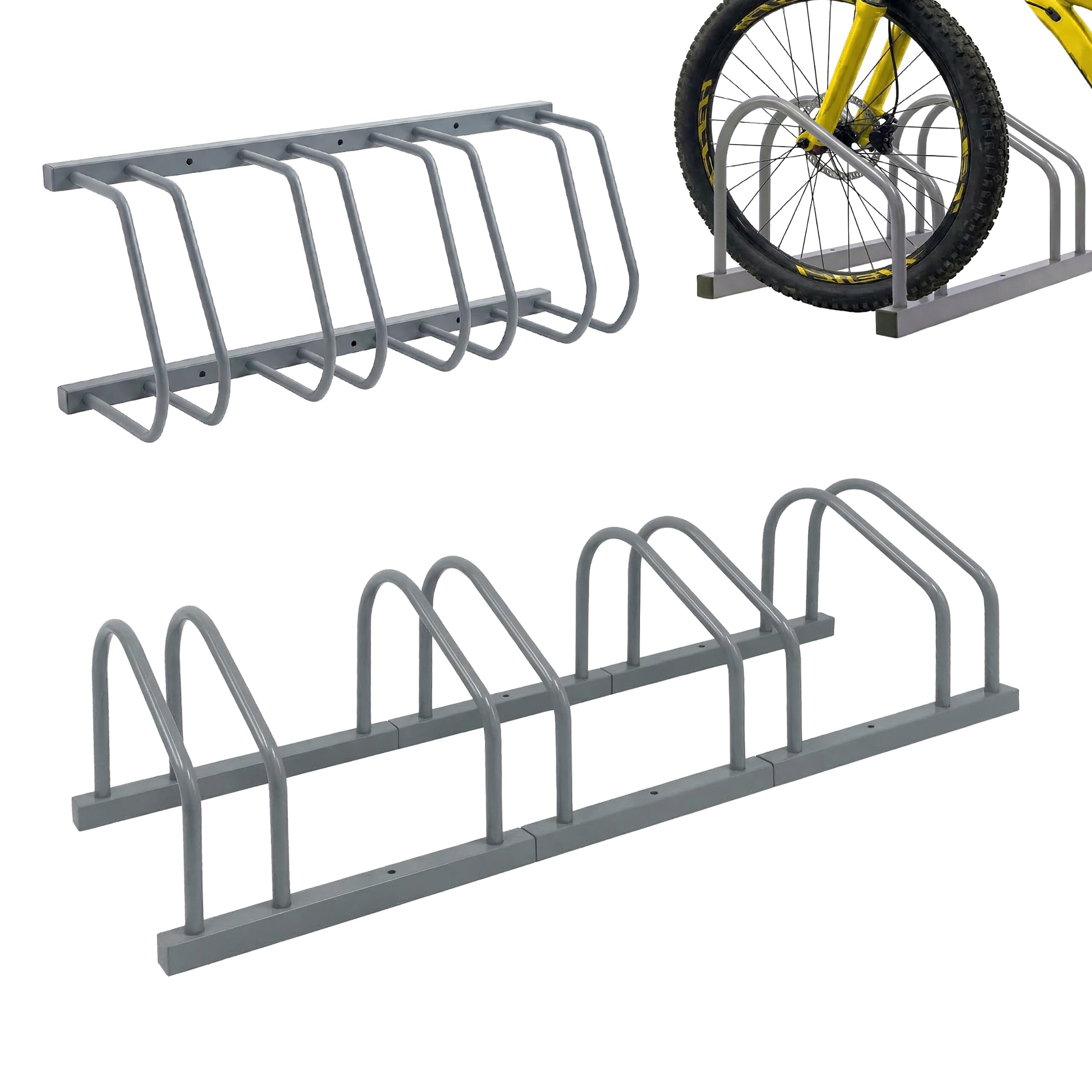 Relaxdays portabici montaggio a pavimento/parete, 4 bici, per pneumatici fino a 65 mm, garage/cortile, acciaio, argento