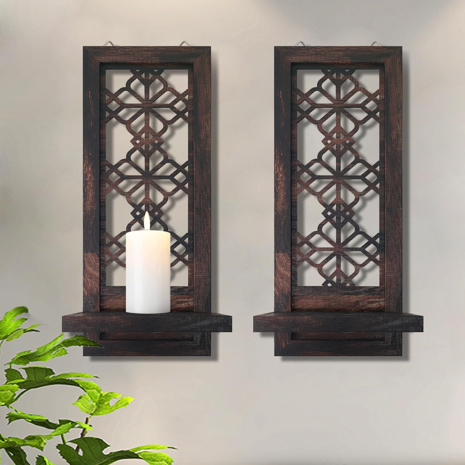 ZOLAPI Set of 2 Candle Sconces, Farmhouse Accent Wall Sconce, Caramel Color Candle Holder Wall Decorations for Home Décor, Living Room, Dining Room.(15 x6 in)