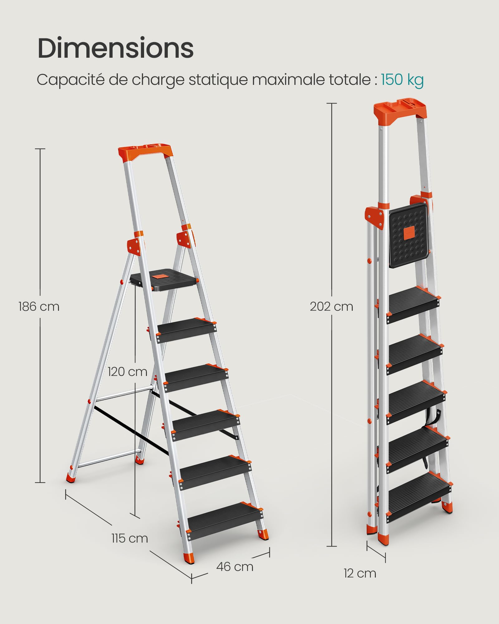 SONGMICS Échelle 6 Marches, en Alliage d'Aluminium, Escabeau, Largeur de la Marche 12 cm, Pliable, Plateau à Outil, Pieds Antidérapants, Capacité de Charge 150 kg, Noir et Orange GLT06BK