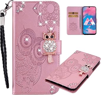 Wallet Case for Samsung Galaxy A15 5G Glitter Diamond Bling Case with Credit Cards Holder Kickstand Flip Magnetic Leather Protective Cover for Galaxy A15 5G Owl Rose Gold YK