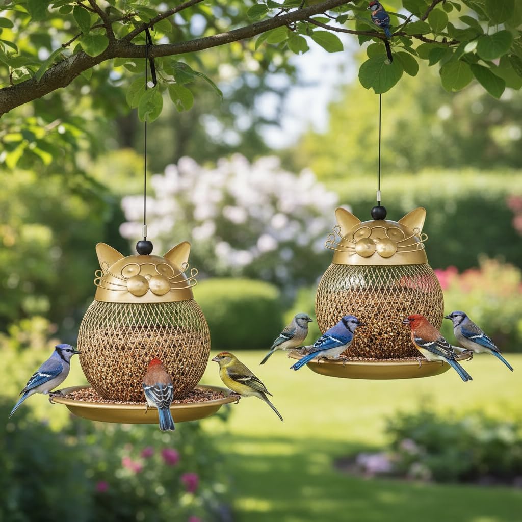 CEDAR ALPHA Cat Grandpa Wild Bird Feeder Squirrel Proof Hanging Bird Feeder for Outside, Peanut and All Kinds of Seeds,Yard Garden Decor,Set of 2, Color: Gold