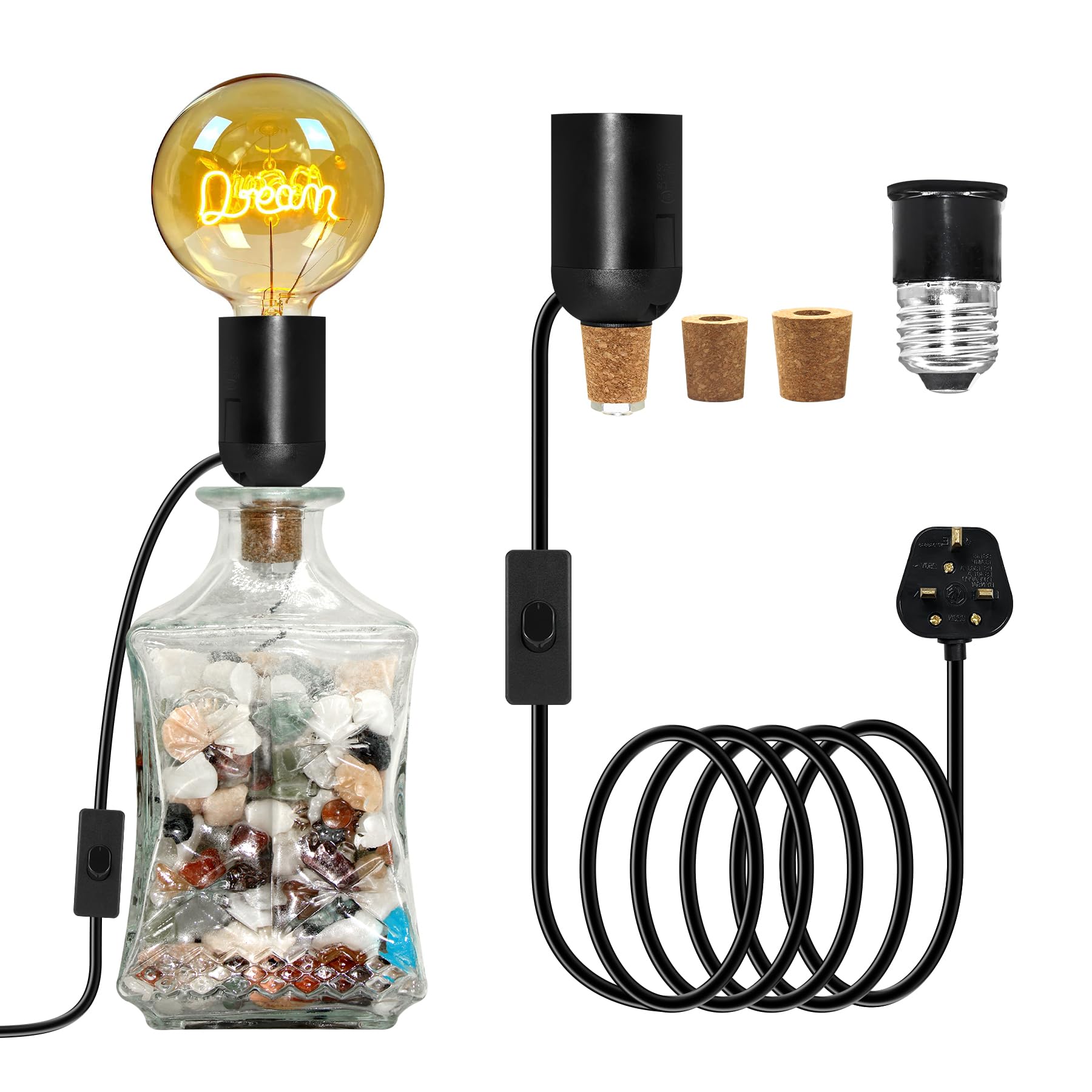 ZRLXFM E27 Lamp Socket for Bottles, Bottle Light Kit with Switch and B22 Adapter, Includes 3 Sizes of Stoppers, Pebble Decoration Supported, Universal DIY Kit for Various Vessels