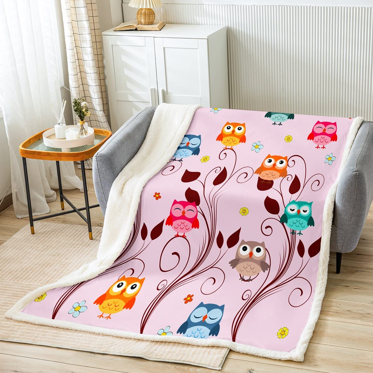 Homewish Kawaii Eule Überwurfdecke für Jungen Mädchen Kinder Kawaii Raumdekoration Plüschdecke süßes Wildtier Eule Bettdecke Natur Frühlingsthema Vögel Blumen Fuzzy-Decke, 150 x 200