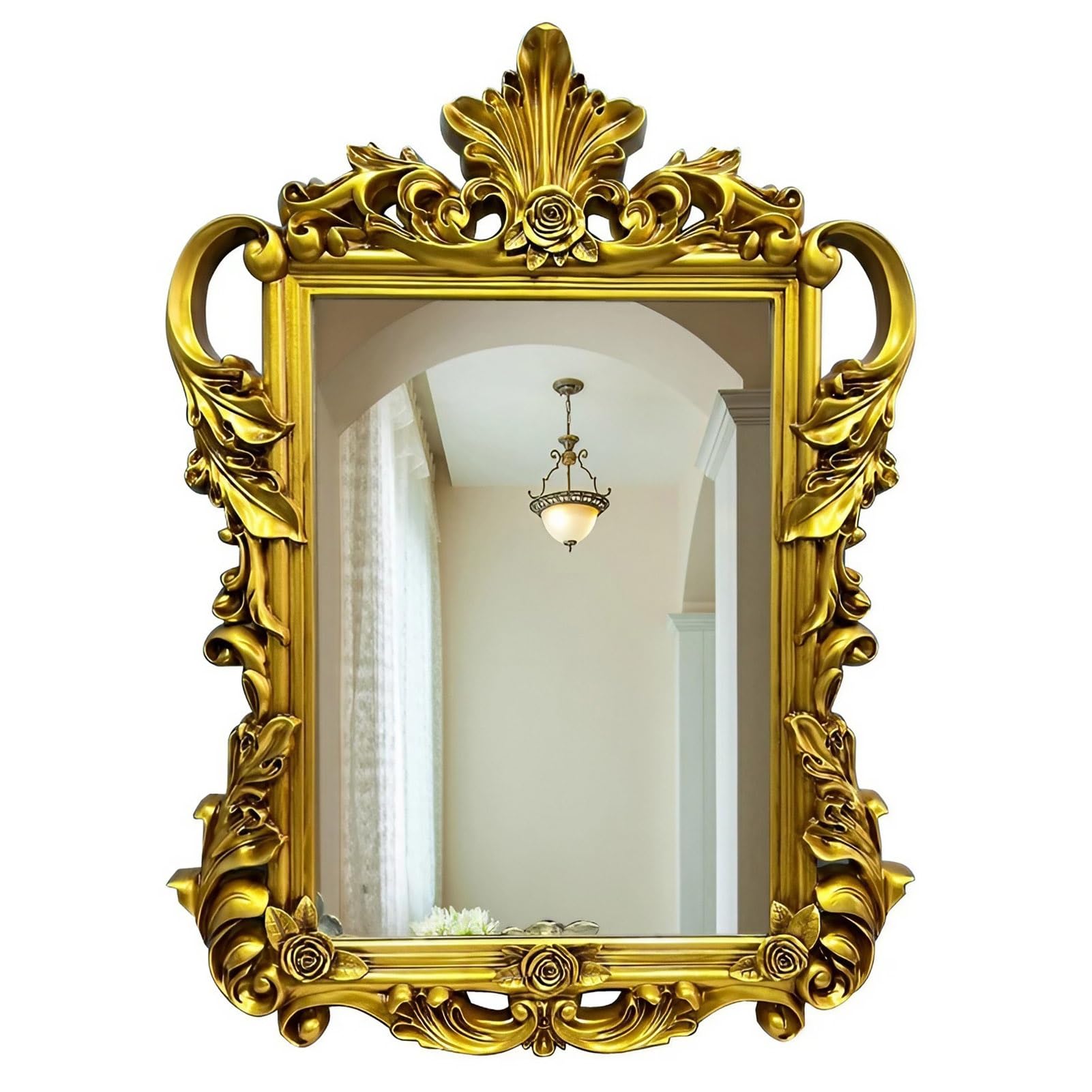 FGXHHS Antiqued Gold Ornate Mirror, 82×67 cm European Vintage Bathroom Baroque Carved Decorative Wall Mirror for Living Room Bedroom Fireplace Decor