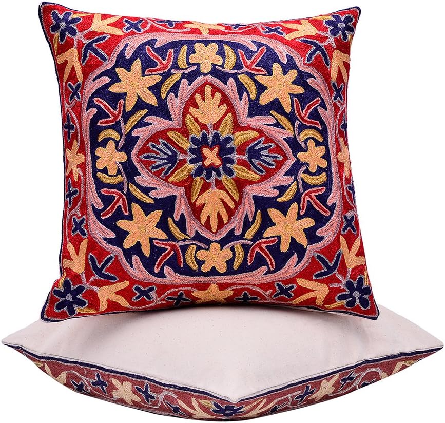 BluSpirits Silk Square Cushion Cases Hand Embroidered Various Designs Pillow Cover (16" x 16", Multi Flower)
