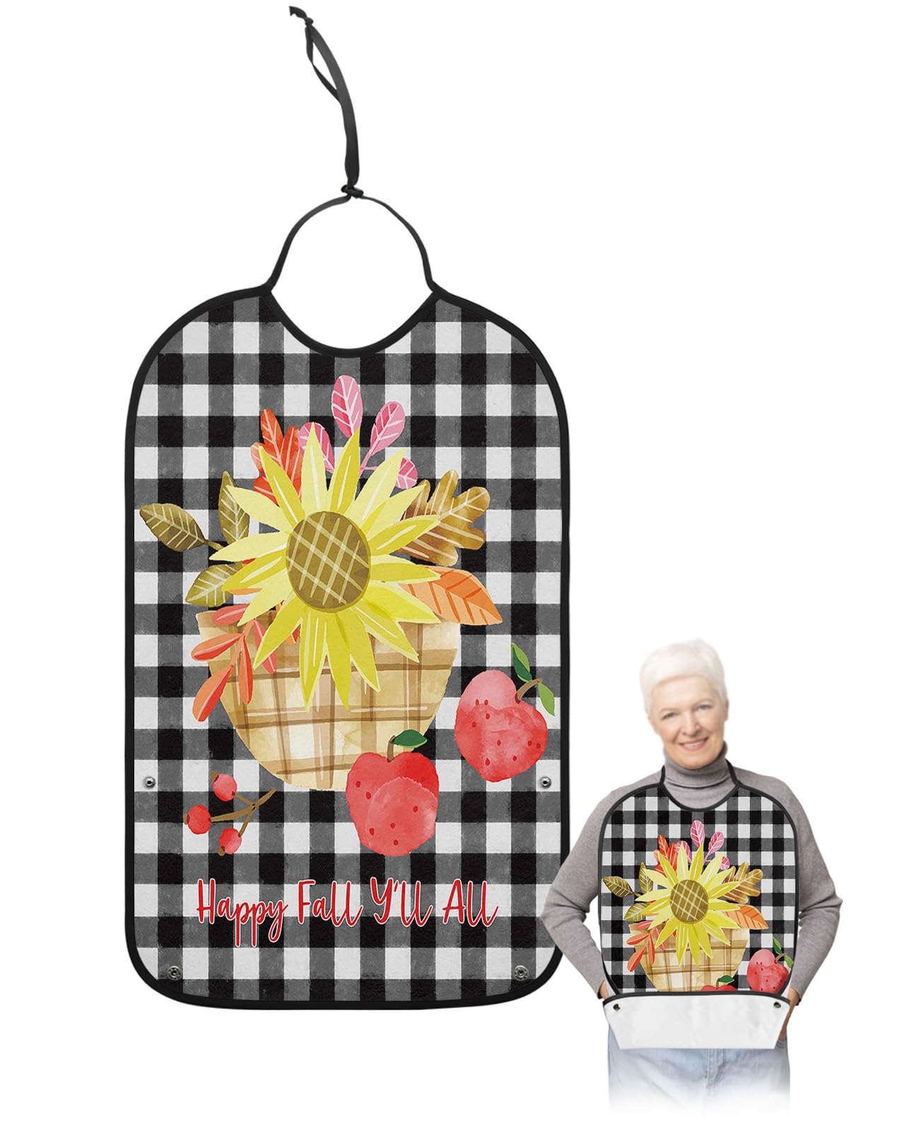 Rustic Black Plaid Adult Bib for Eating with Crumb Catcher,Washable & Waterproof Terry Cloth Adjustable Elderly Women Men Adult Bibs Funny Clothing Protector Harvest Fall Sunflower Fruit Basket Leaves