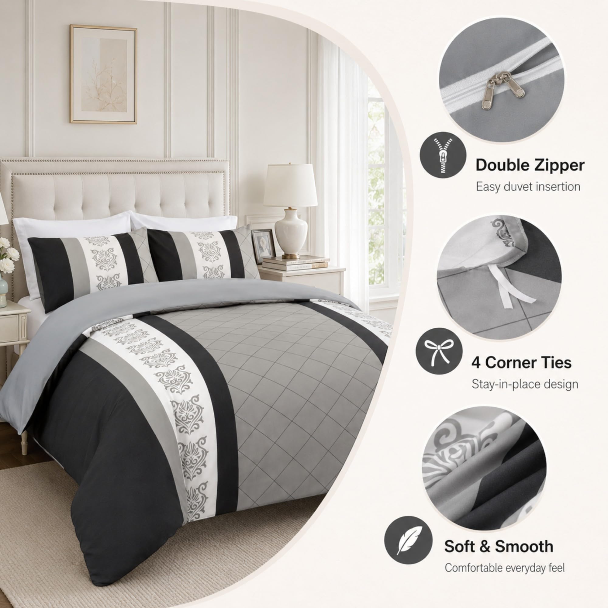 Lazzaro 4 Pcs Double Duvet Set including Matching Black Double Fitted Sheet 40 cm Extra Deep Pocket - Image 3