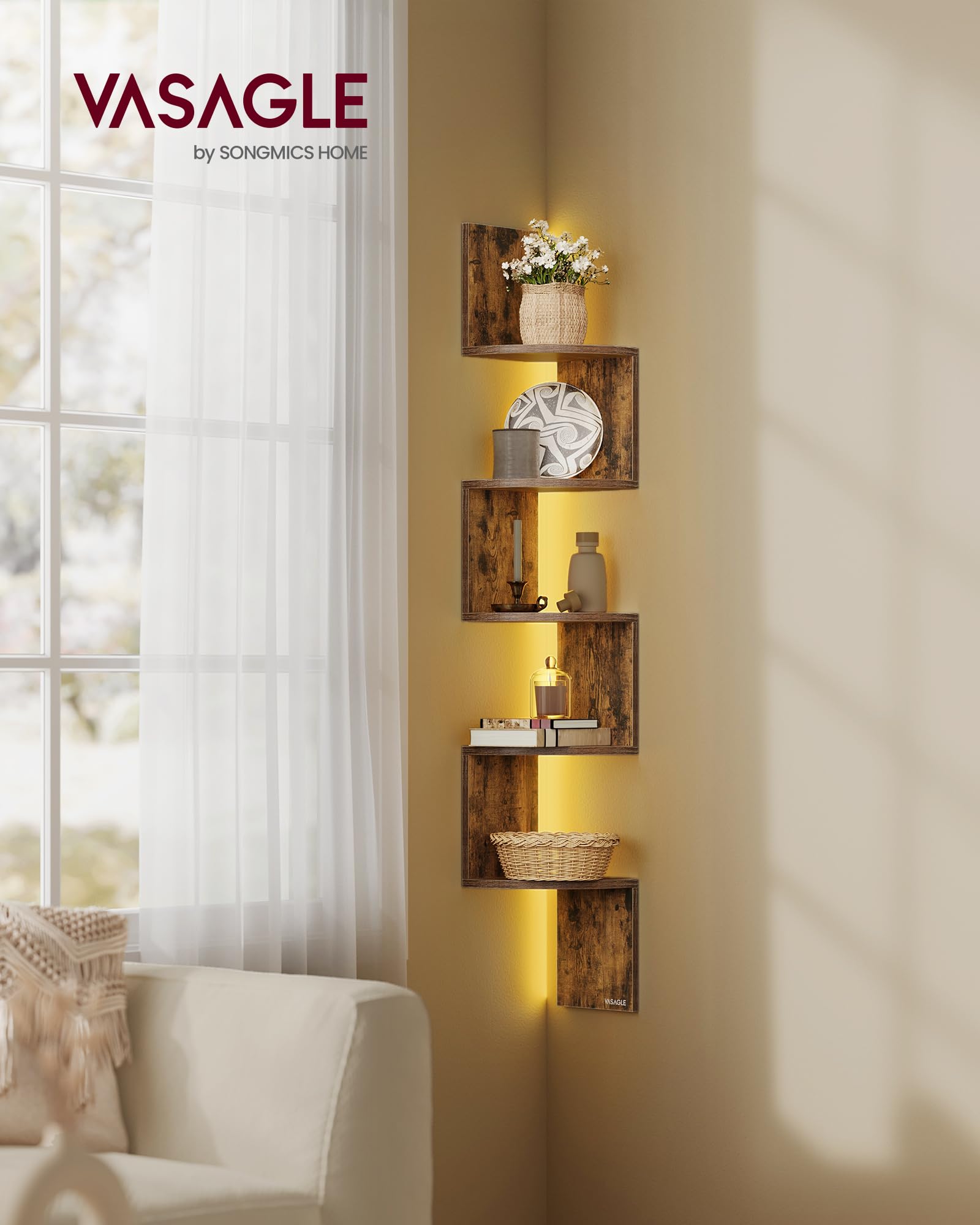 VASAGLE CUSTOS Collezione - Mensola Angolare da Parete con Luci LED RGB, Libreria Galleggiante a 5 Ripiani, per Piante, Bagno, Ufficio, Pulsante e Telecomando, Marrone Vintage LBC630K01