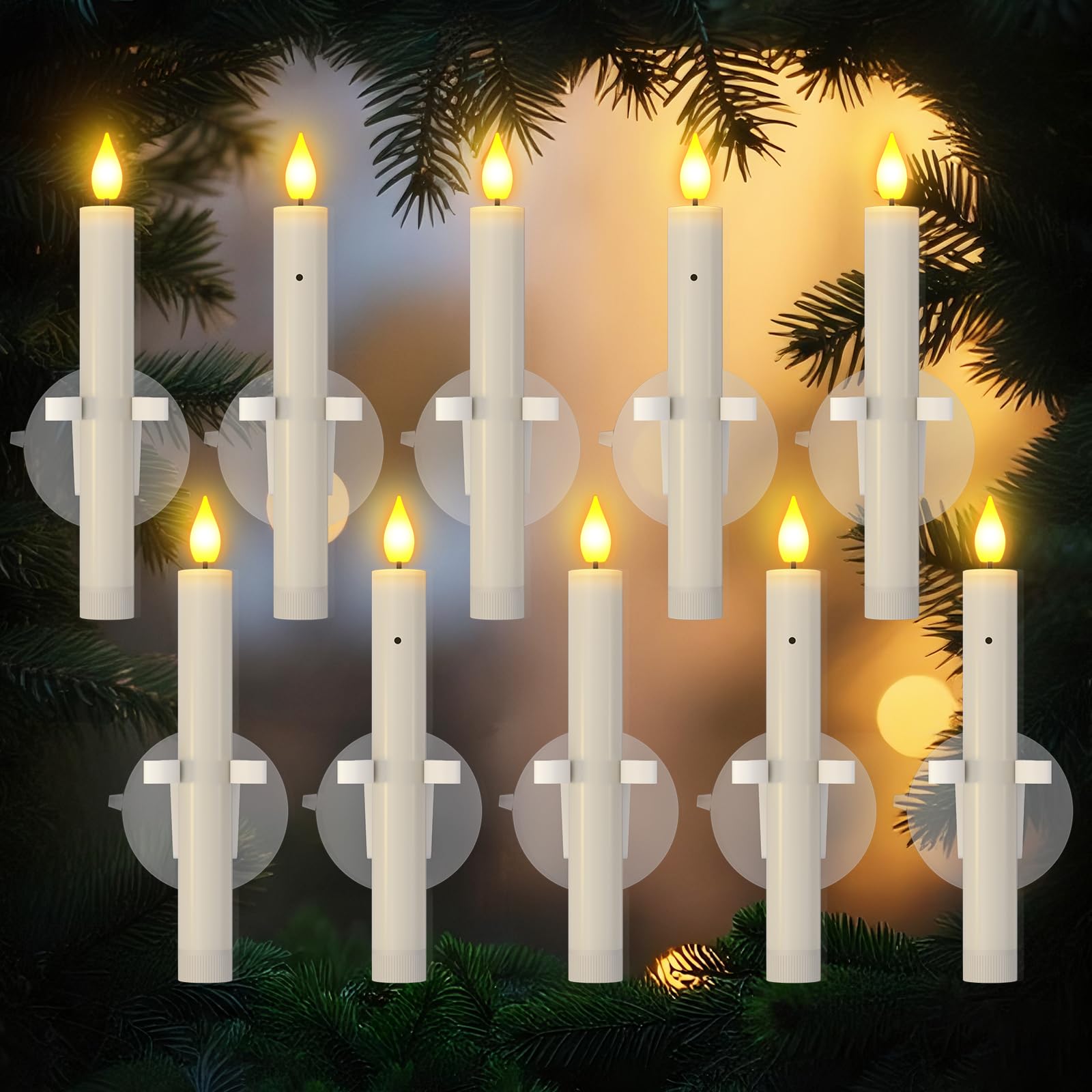 PChero LED Taper Candles with Dusk to Dawn Sensor, 10 Pack Flameless Battery Electric Christmas Window Candles Flickering with Suction Cups for Home Room Christmas Halloween Wedding Window Decorations