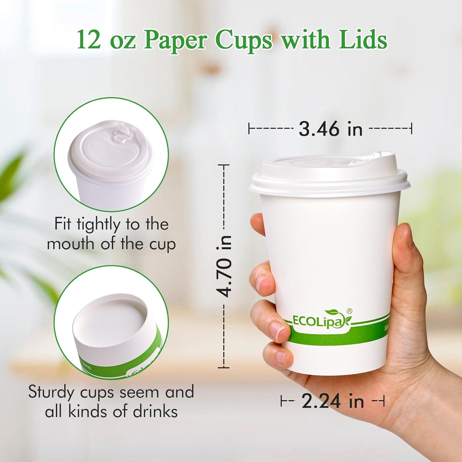 ECOLipak 100 Count 12 oz Compostable Paper Coffee Cups, Biodegradable Disposable Coffee Cups with CPLA Lid, Eco-friendly Hot Drinking Cups for Party, Picnic, Travel, and Events - Image 4