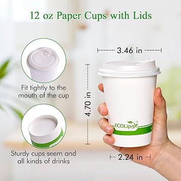 ECOLipak 100 Count 12 oz Compostable Paper Coffee Cups, Biodegradable Disposable Coffee Cups with CPLA Lid, Eco-friendly Hot Drinking Cups for Party, Picnic, Travel, and Events