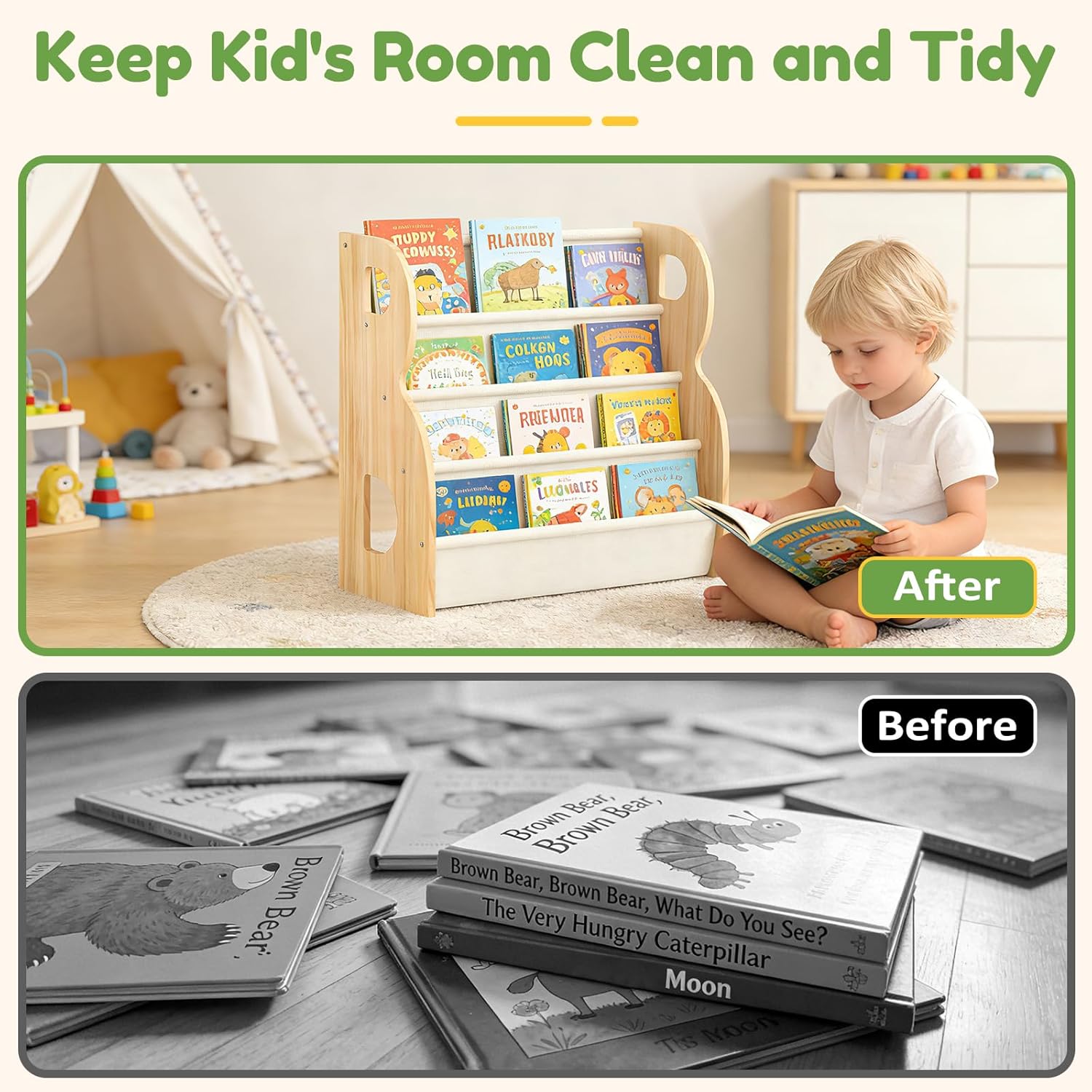 XiaZ Child Book Shelf Wooden Montessori Toddler Bookshelf Solid Pine B-Frame Book Shelf with Handle, Portable Double-Sided Kids Nursery Book Organizer Bookcase Easy Install for Study Room