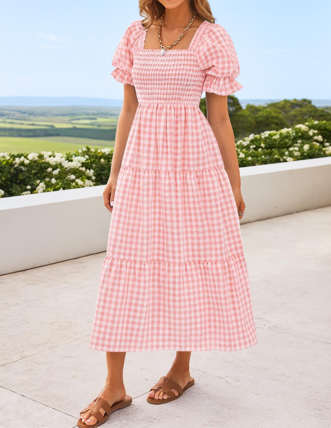 ZESICA - Vestido de verano bohemio para mujer, a cuadros, cuello cuadrado, manga abullonada, con volantes, con vuelo, para la playa, largo midi
