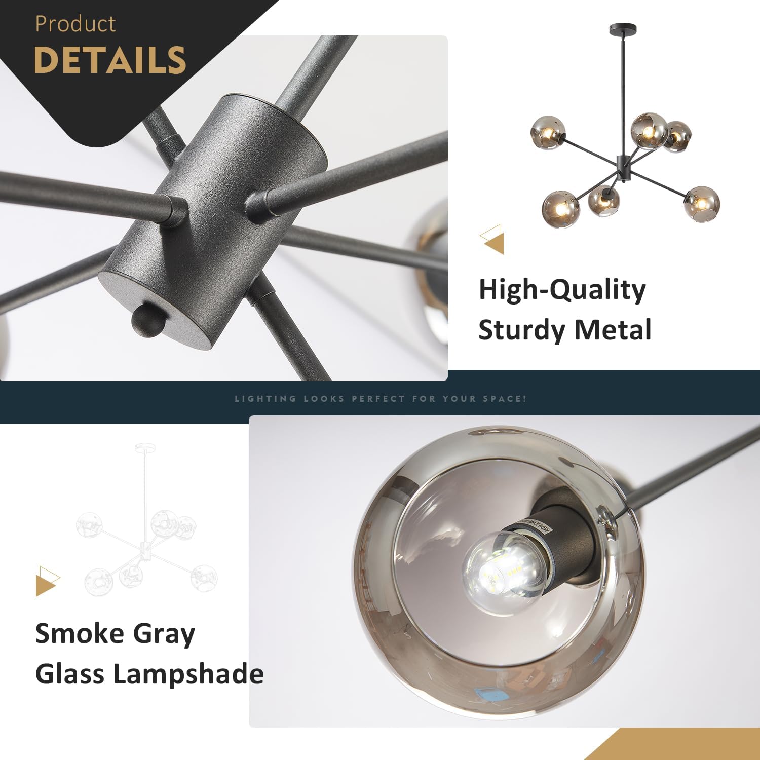 BOKT 6 Lights Modern Glass Globe Sputnik Chandelier Mid Century Matte Black Sputnik Pendant Light Fixture Adjustable Vintage Large Smoke Gray Ball Chandelier Pendant Light for Kitchen Living Room