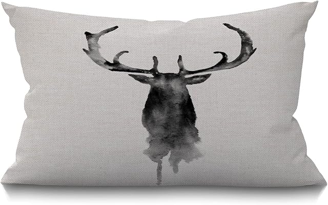 BGBDEIA Cushion Cover Deer Silhouette Animal Stag Watercolor Style Modern Design Abstract Art Rectangular Throw Pillow Cover for Couch Sofa Home Decor Cotton Linen 30 x 50 cm 12x20 Inch