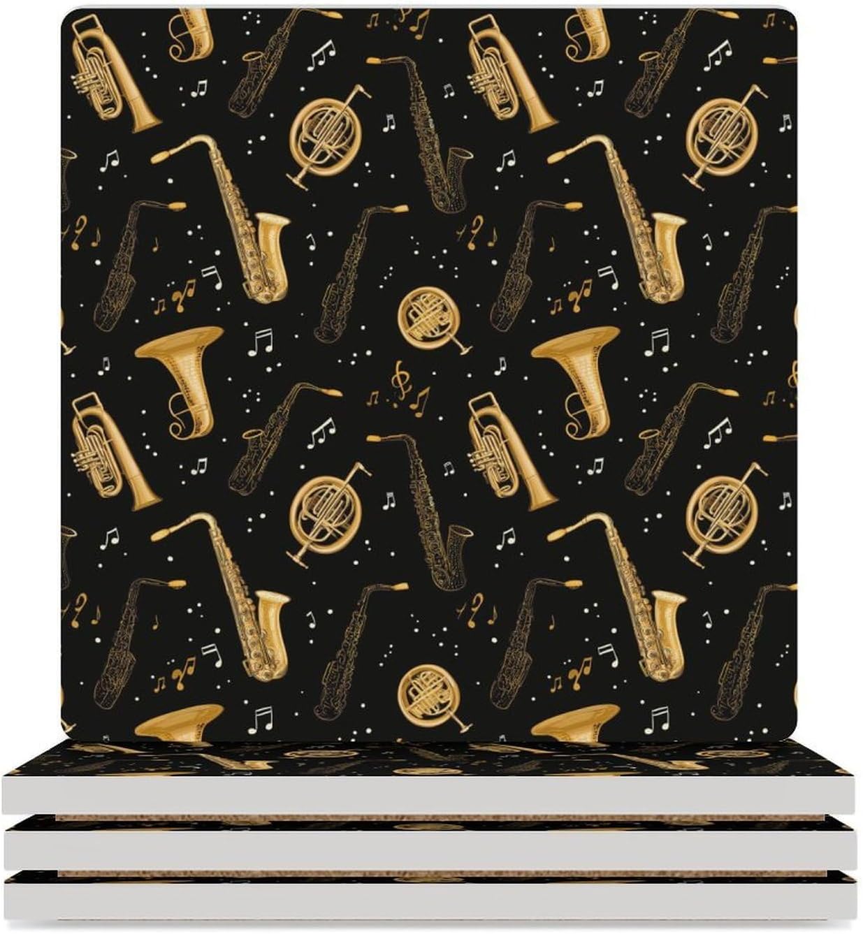 Music Trombone Saxophone Coaster for Drinks Square Ceramic Table Coasters Stone Mat Crafts 4PCS Home Kitchen Decor