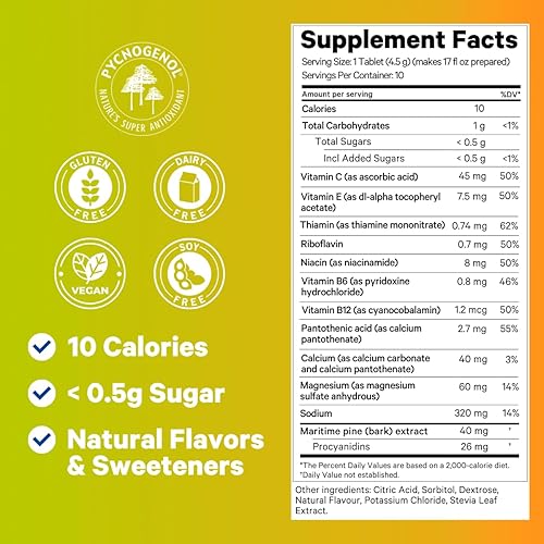 Miniatura 6 de Comprimidos efervescentes antijet lag, recuperación de energía e inmunidad para viajes, trabajo y fiesta. Picnogenol, vitaminas y electrolitos. 10