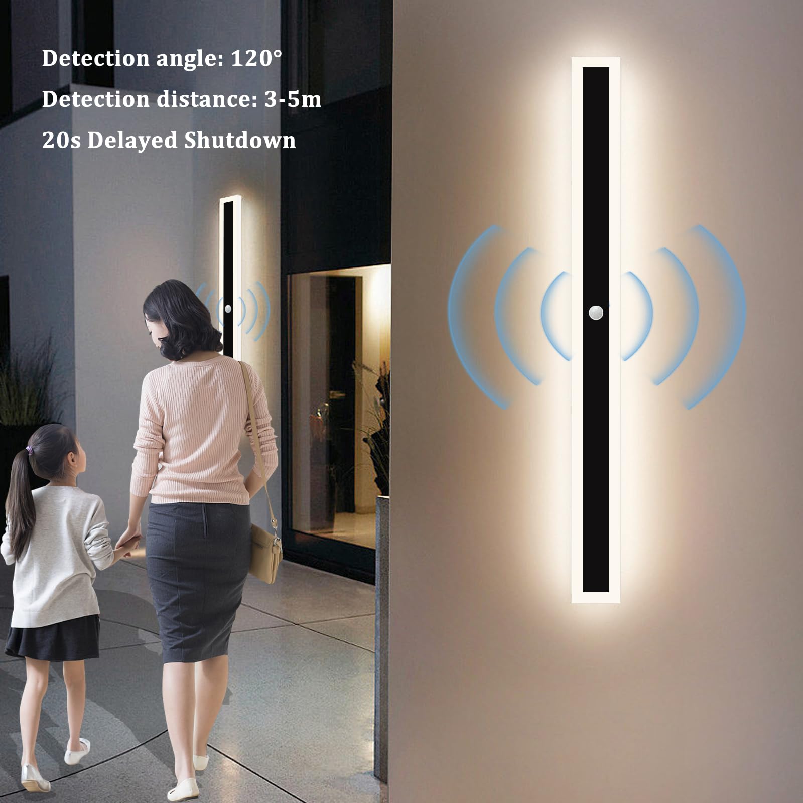 Exterior Aplique Pared con Sensor de Movimiento LED Lámpara de Pared Impermeable IP65 Patio Iluminación Aluminio Blanco Natural 4500K Largo Luz Pared para Jardín Puerta Delantera (120cm)