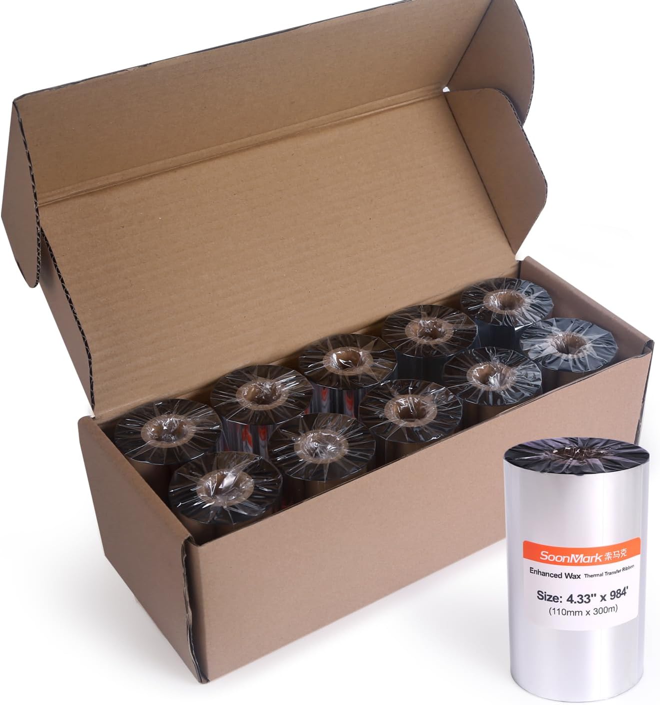 10 Rolls 4.33" x 984' (110mm X 300m) Thermal Transfer Wax Resin Ribbon for Label Tag Barcode Printing for Zebra,TEC,DATAMAX,etc