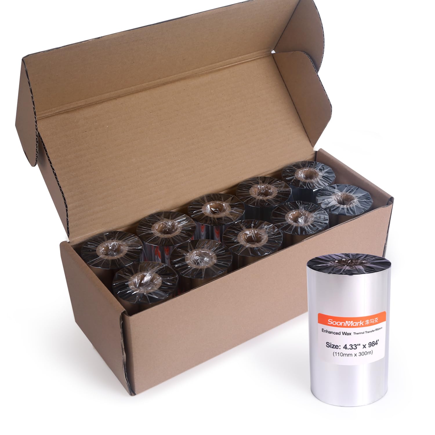 10 Rollen 110 mm x 300 m Thermo-Transfer-Wachsband für Etiketten, Barcode-Druck für Zebra, TEC, DATAMAX etc.