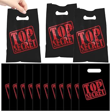 YYMYMGJ 50 PCS Top Secret Spy Party Gift Bags, Detective Party Favors Bags Waterproof Plastic Goodie Bags for Mystery Spy Decorations Supplies Gifts for Kids Boy Girl Baby Shower