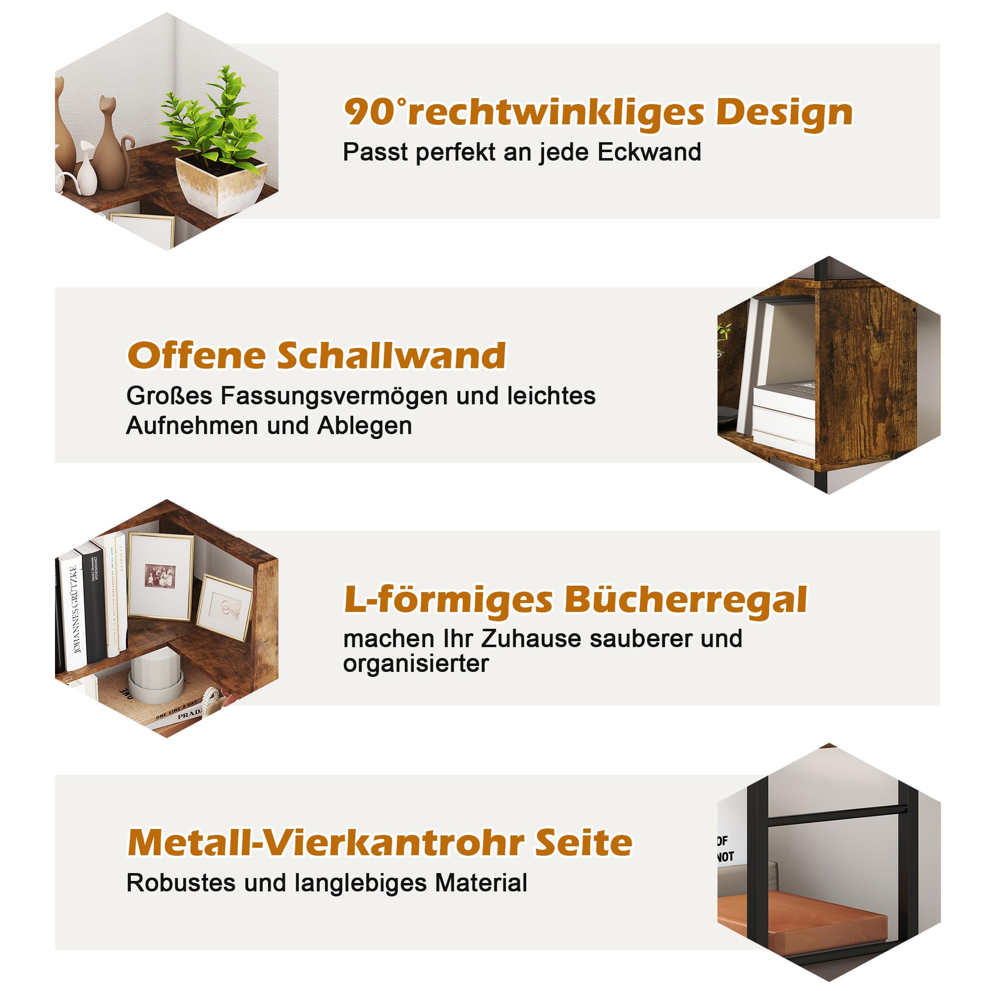 7 Ebenen-Ecke Bücherregal, Hohes Lagerregal 187CM, L-Form Industrial Regal Holz Bücherregal, Großes Eckregal Bodenstehendes Eckregal, Standregal Vintagebraun