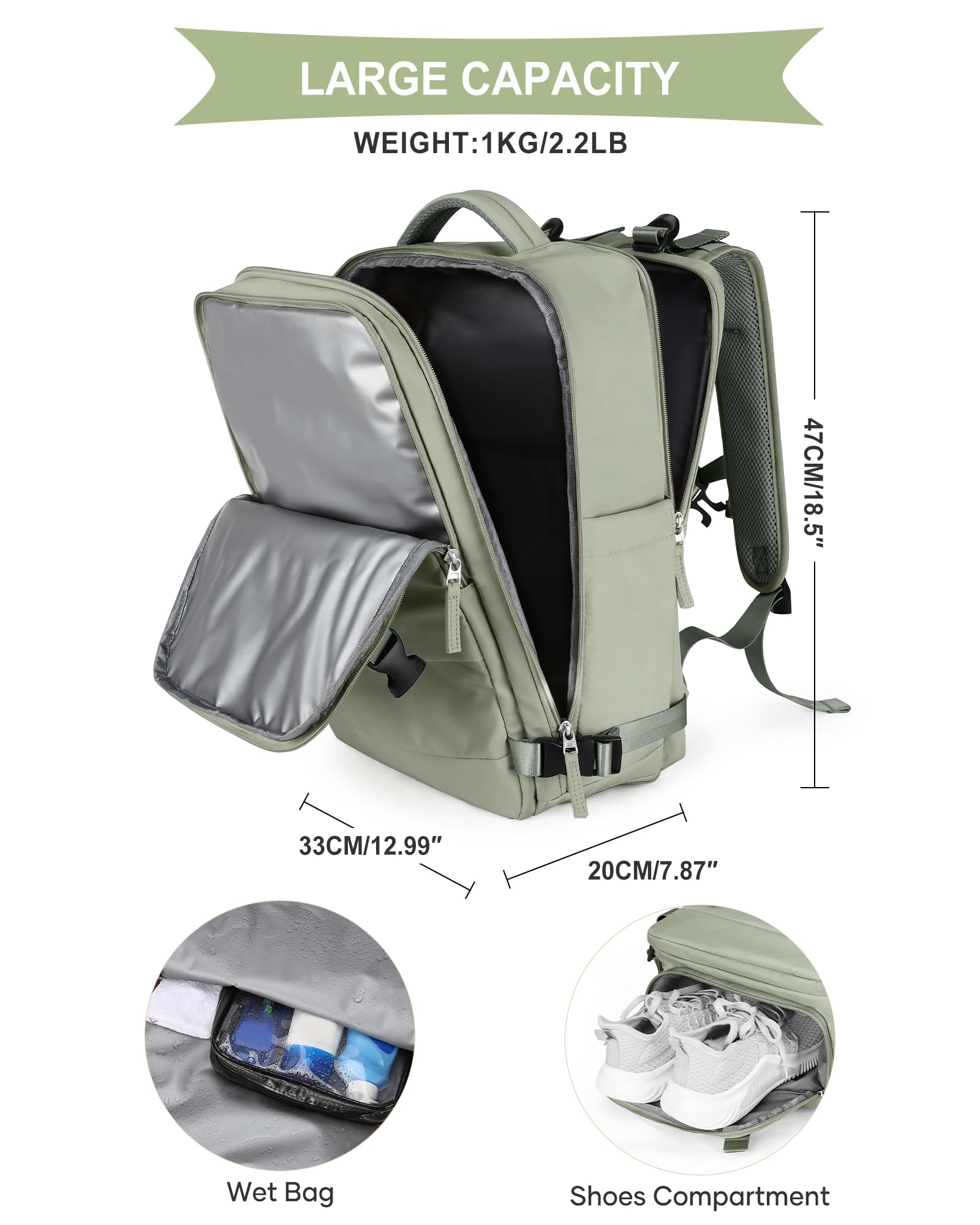 SZLX Zaino da viaggio grande con Sottovuoto da donna da escursionismo sportivo da esterno impermeabile da scuola casual laptop da 14 pollici con porta di ricarica USB scomparto per scarpe