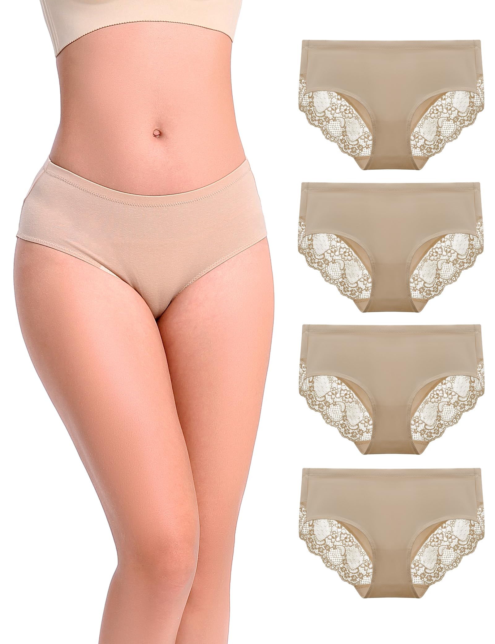 Women's Underwear Lace Back Side Briefs Mid Rise Ladies Full Coverage Panties Regular & Plus Size 4 Pack