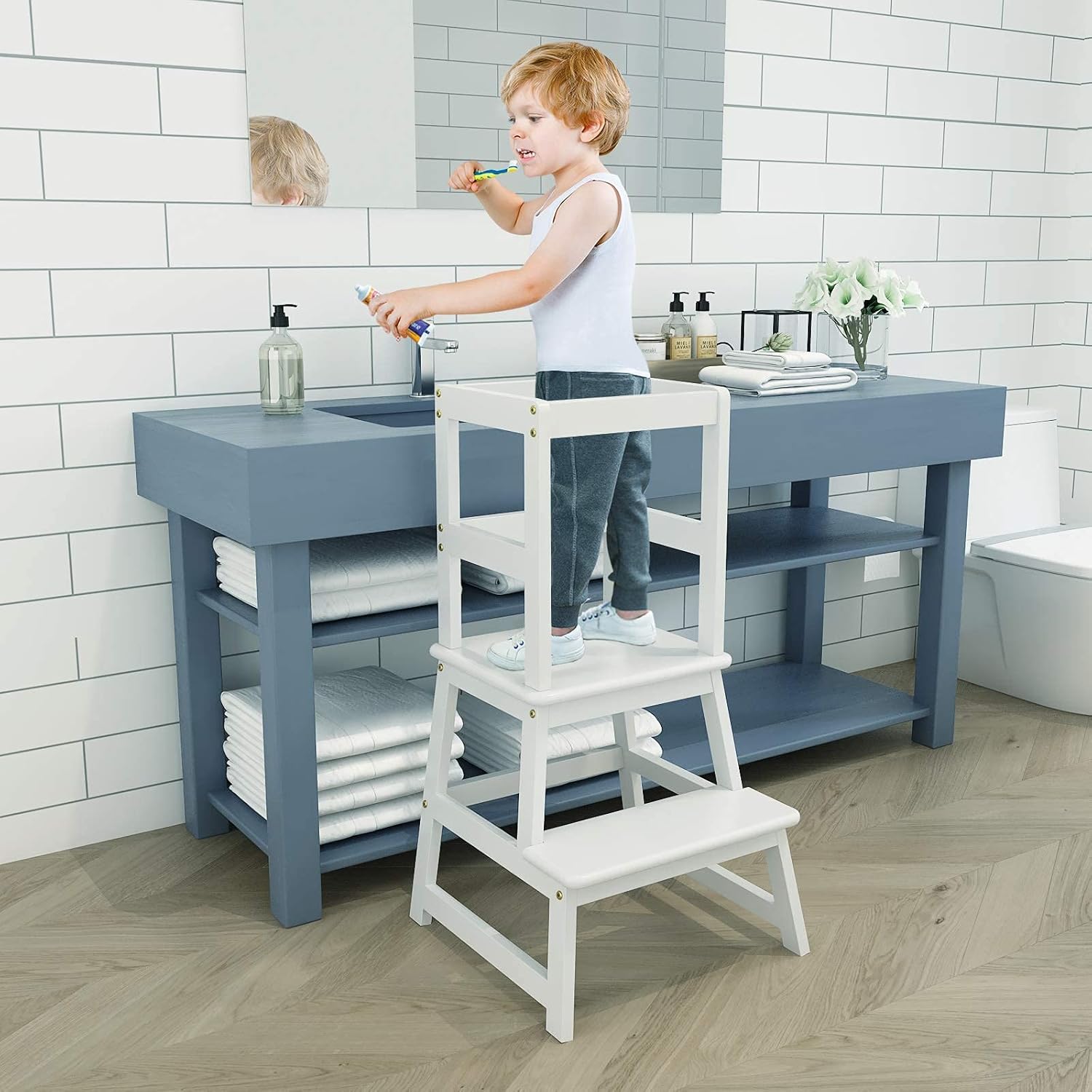 Popin Lover Kitchen Step Stool for Kids and Toddlers with Safety Rail, Kids Step Stool Standing Tower Stool for Bathroom& Kitchen : Baby