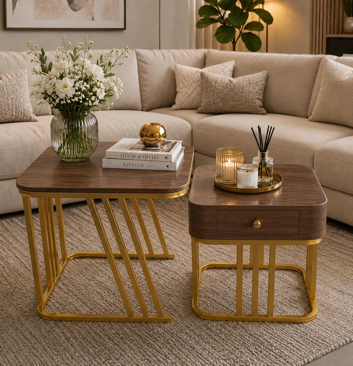 Roldo Modern Coffee Table with Storage Drawer, Center Table for Living Room, Side End Table, Marble/Wood Finish Top, Metal Frame, Sofa Tea Table for Home Office Apartment Decor (Gold Walnut)-picture-17