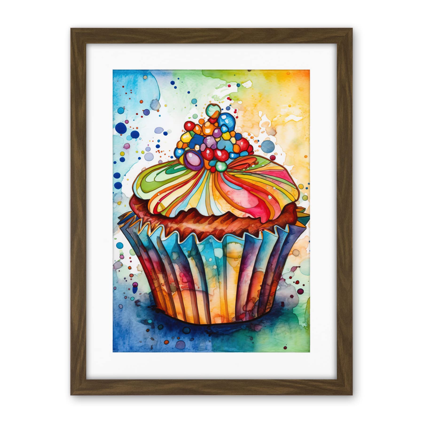 Artery8 Cupcake With Sprinkles Vibrant Watercolour Painting Artwork Framed Wall Art Print 18X24 Inch