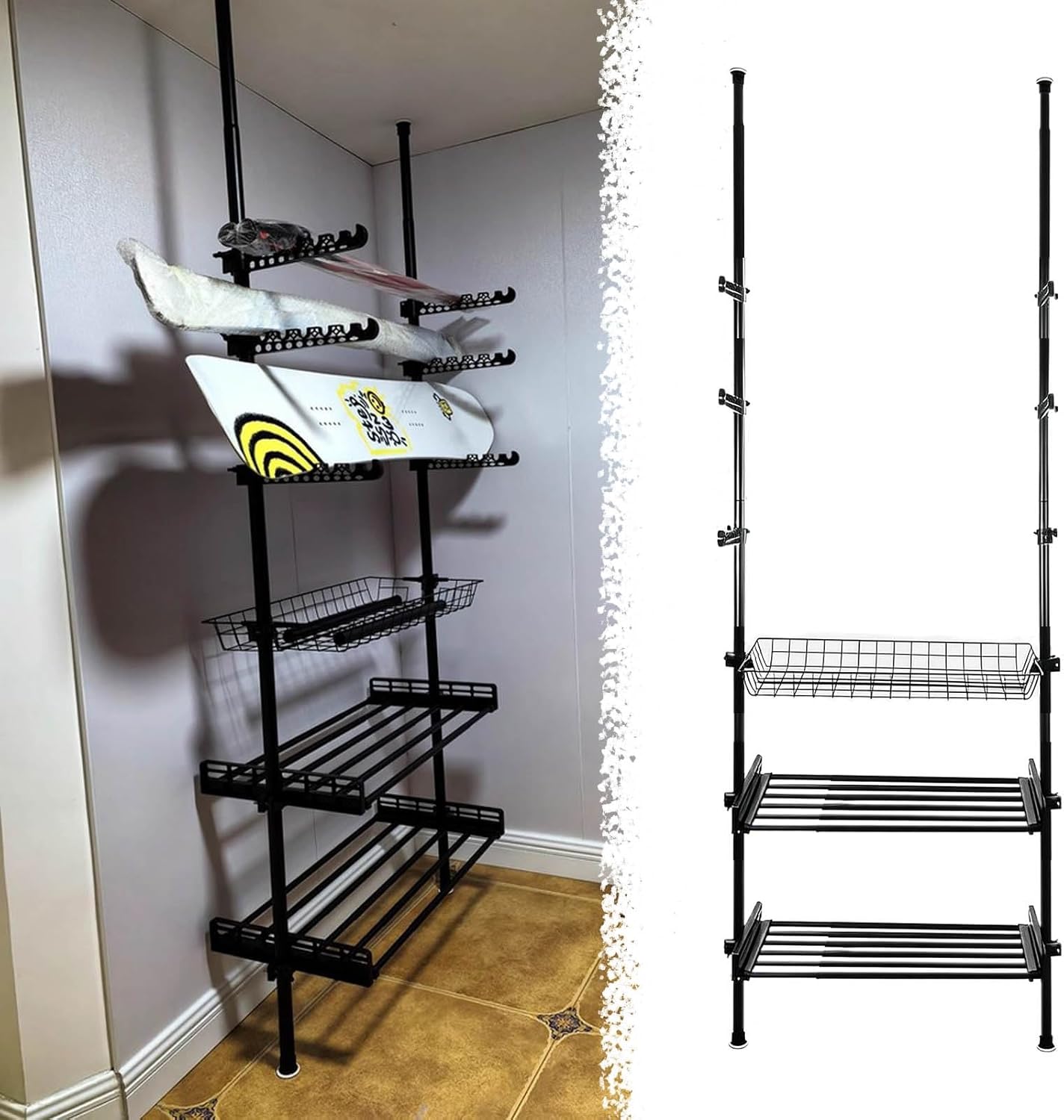 Black Ski Snowboard Roof Rack Adjustable Height, Space Saver Ski Stand for Display Vertical, Universal Skateboard Holder Steel Pole for Boot, Goggles