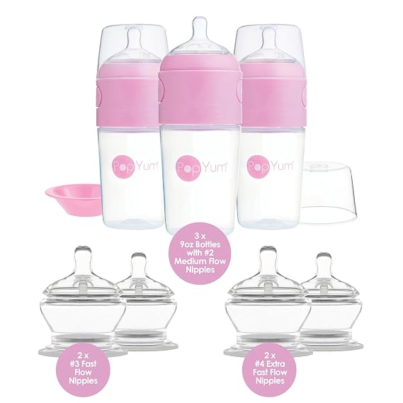 PopYum Pink 9oz Formula Making Baby Bottle + Nipple 7 Piece Bundle