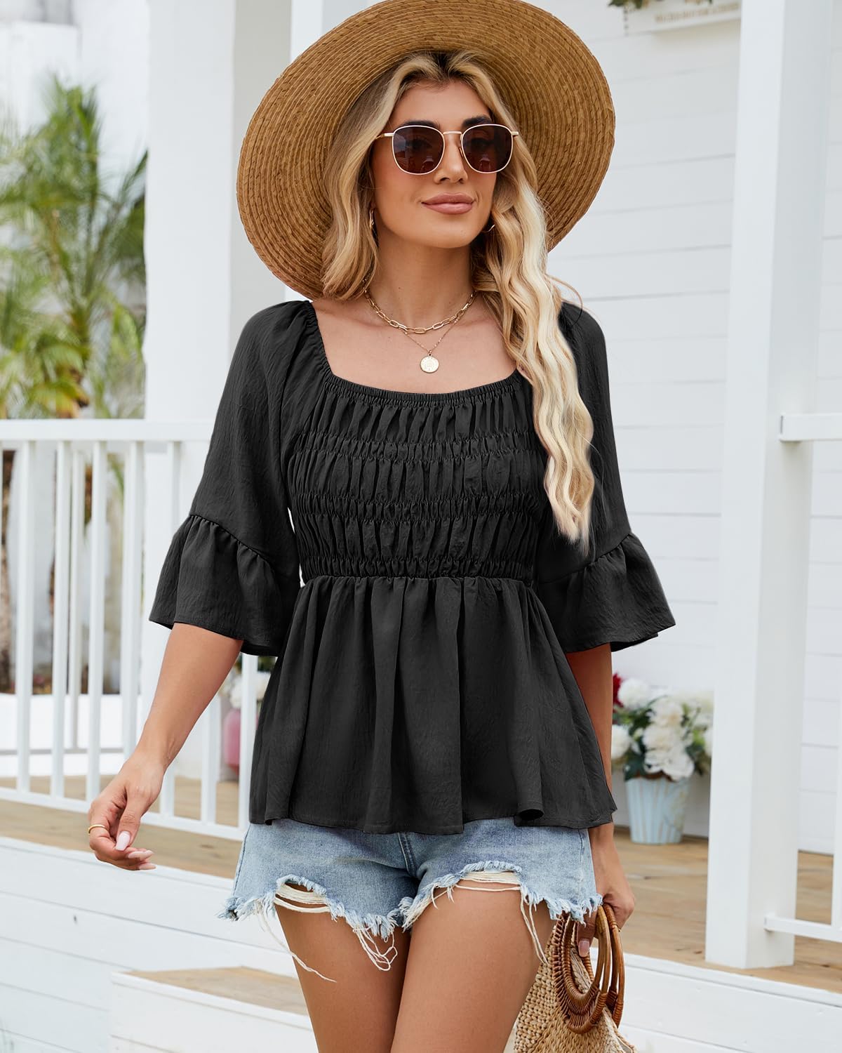 HEYTALALA Womens 3/4 Sleeve Tops Dressy Casual Square Neck Summer Peplum Blouses Ruffle Sleeve Babydoll Shirts 2025 Trendy - Image 3