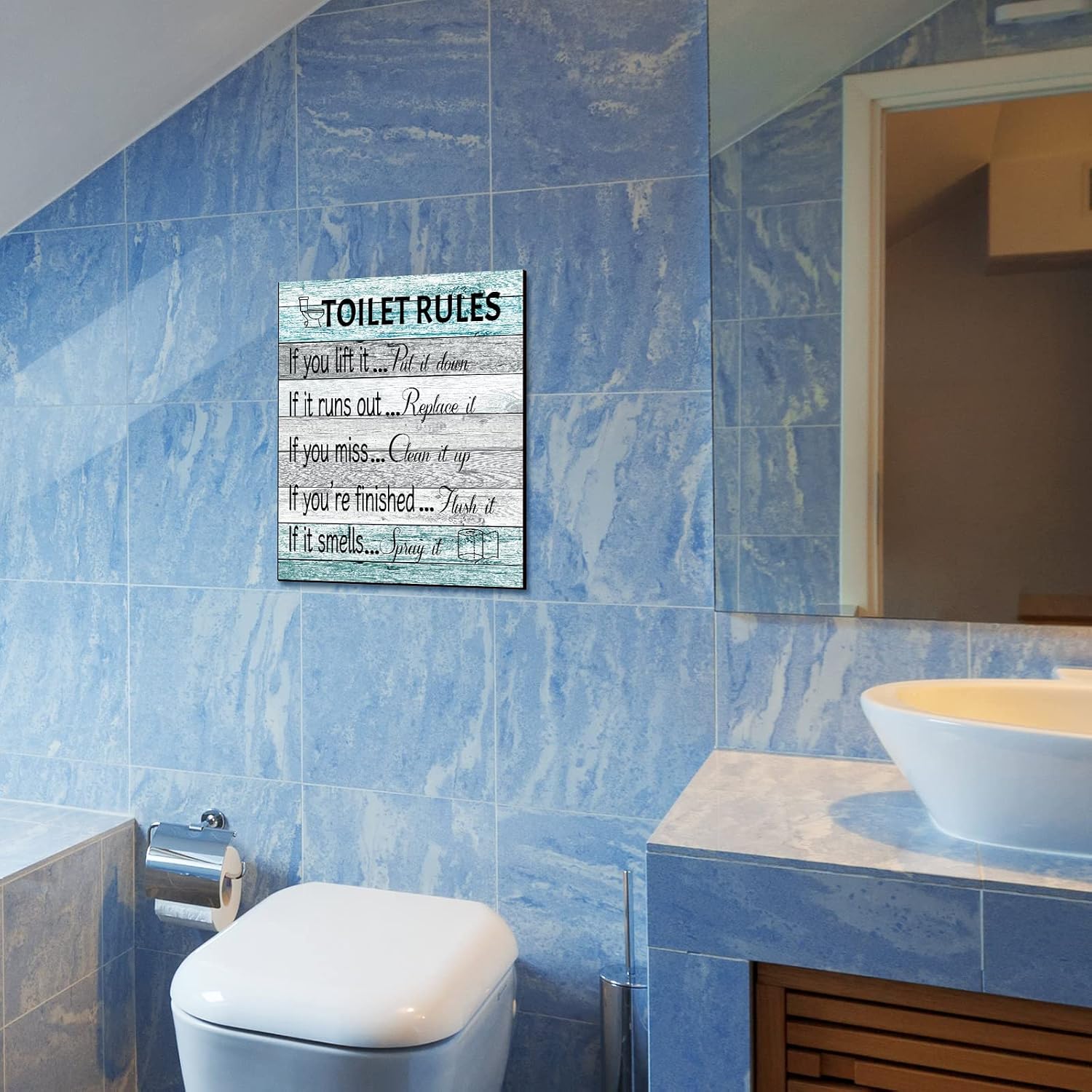 Jetec Toilet Rules Wall Art Decor Wood Toilet Rules Sign Funny Bathroom Sign Rustic Farmhouse Toilet Wall Art Accessories for Bathroom Laundry Room Home Decor, 12 x 9''(Blue Gray)