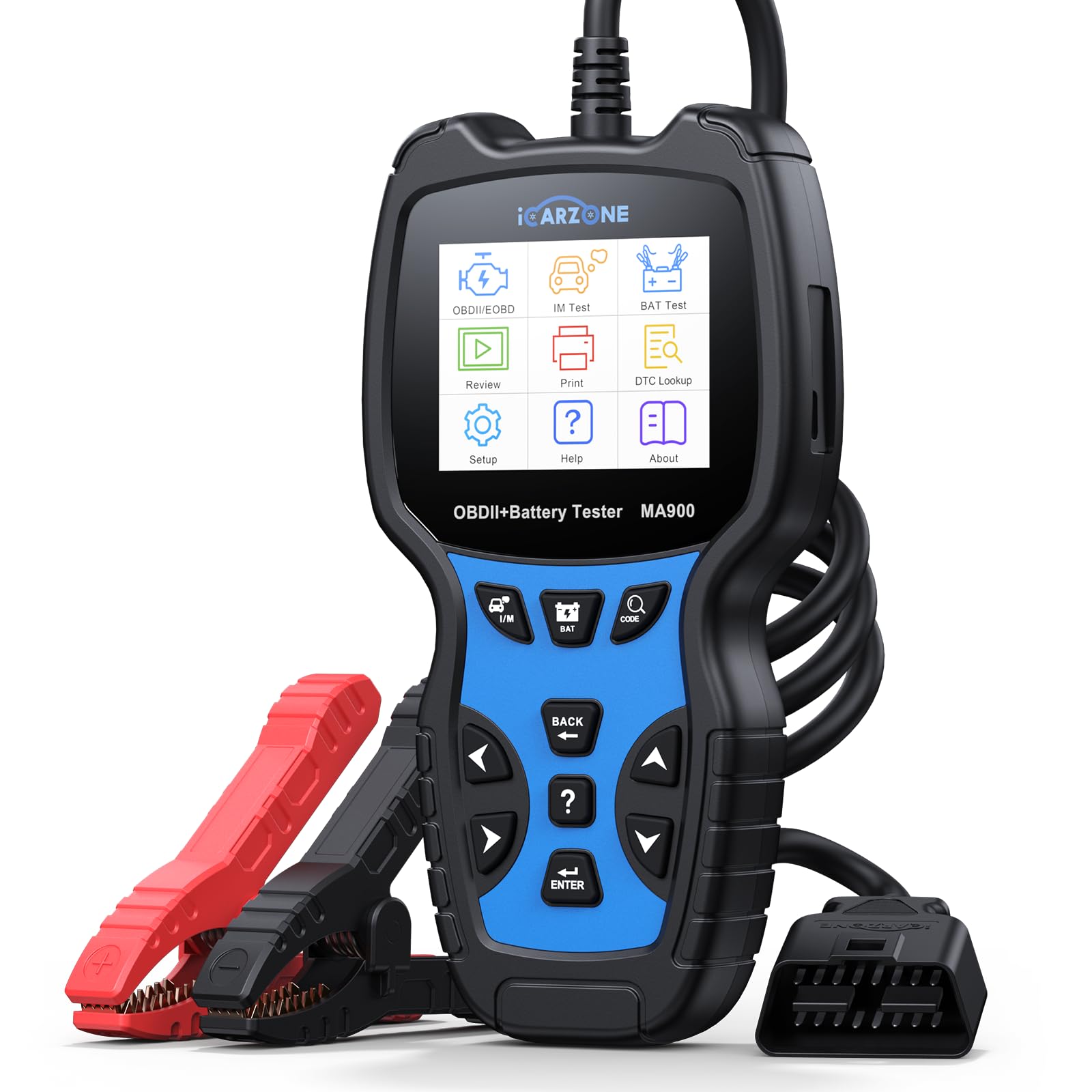 MA900 Comprobador de Batería Coche + Escáner OBD2 -Test de Descarga, Test de Corriente de Arranque, Test de Carga, Función de Lectura para OBFCM, Leer/Borrar Códigos, Datos en Tiempo Real-12V/24V