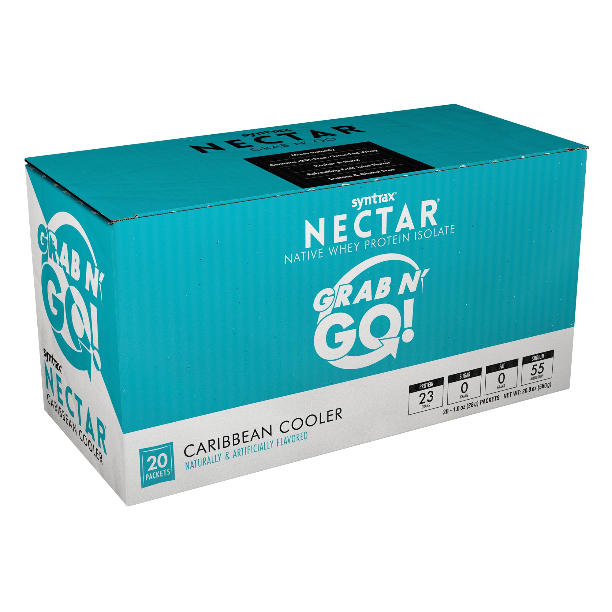 Syntrax Nectar Grab N' Go, 100% Whey Protein Isolate Protein Powder, Refreshing Fruit Juice Flavor, Caribbean Cooler, 20 Packets (28g/Packet)