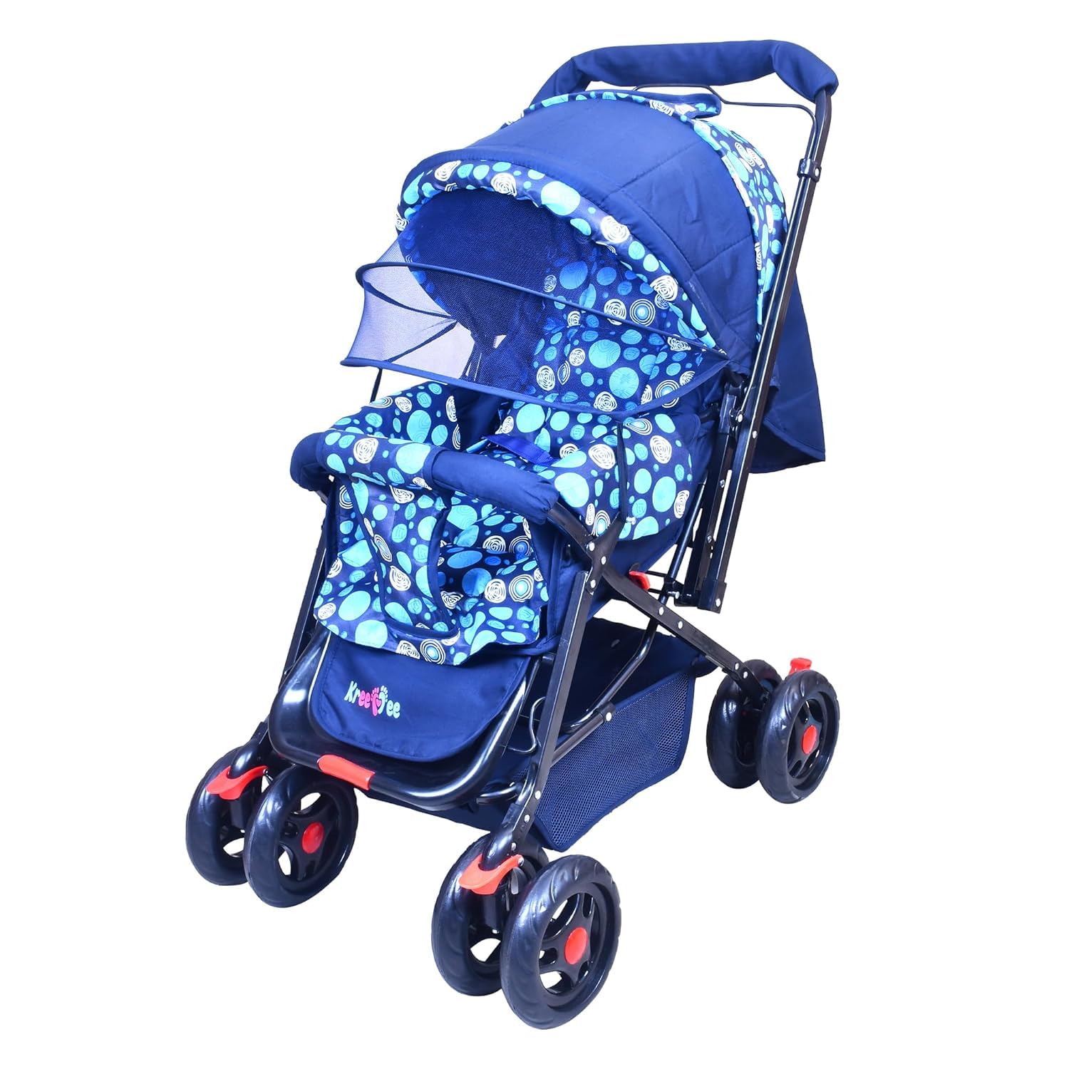 Kreevee Baby Stroller for 0-3 Years Foldable Pram with Reversible Handle, Safety Harness, 360° Swivel Wheel, Adjustable Seat, Mosquito Net & Parent Bag (Mid Night Indigo) Design 04-image-41
