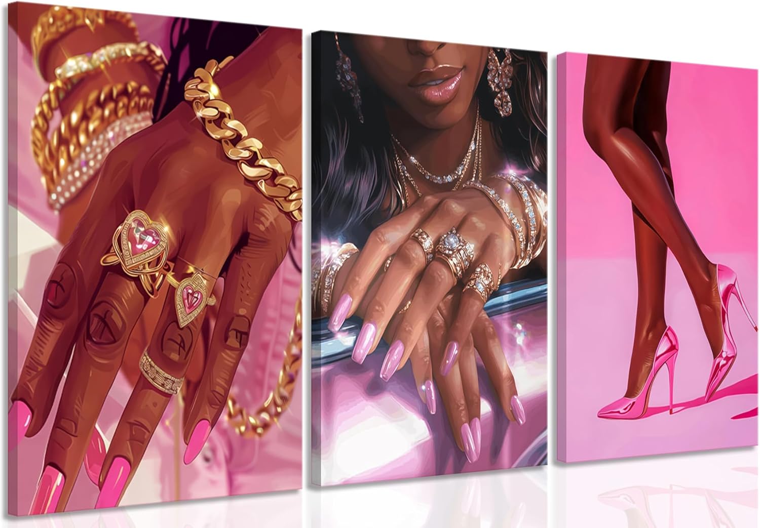 Black Girl Pink Wall Art Set of 3 African American Black Women Canvas Posters Fashion Black Girl Wall Decor Pictures Prints for Home Living Room Bedroom Bathroom Decoration 16x24 Inch Framed