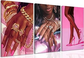 Pink Fashion Black Girl Canvas Wall Art Set of 3 African American Black ...
