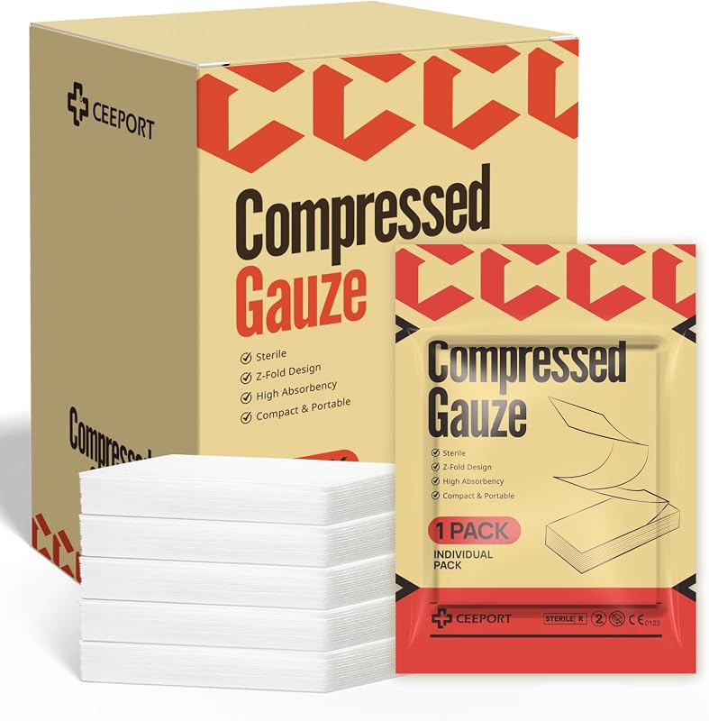 Sterile Compressed Gauze with Z-Folded, 6 Individual Pack, 6-Ply | 4.5" x 4.1 Yards Compression Bandage, 100% Cotton wound packing Gauze for Emergency Wound Dressing, First Aid and Trauma Kit