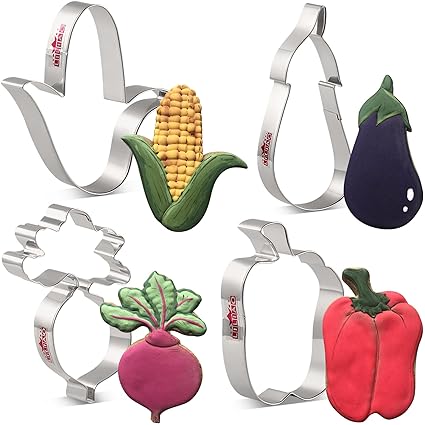 LILIAO Vegetable Cookie Cutter Set, 4-pc, Corn, Eggplant, Beetroot, Pepper Biscuit Sandwich Cutters, Stainless Steel, by J.Cookies