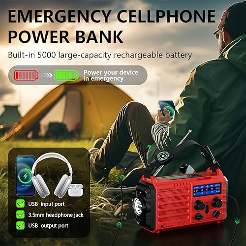 Miniatura 5 de Radio de manivela solar de emergencia, radio de alerta meteorológica AM/FM/SW NOAA, linterna, lámpara de lectura, alarma SOS para supervivencia