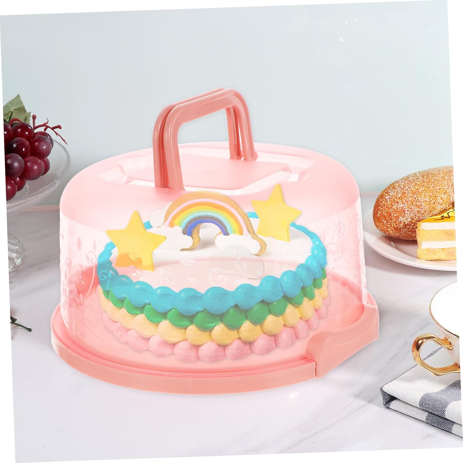 Portable round Cake Carrier with Handle and Lid, Pink Pp Cake Storage Box, Food Packaging Container for Bakery and Dessert Transport