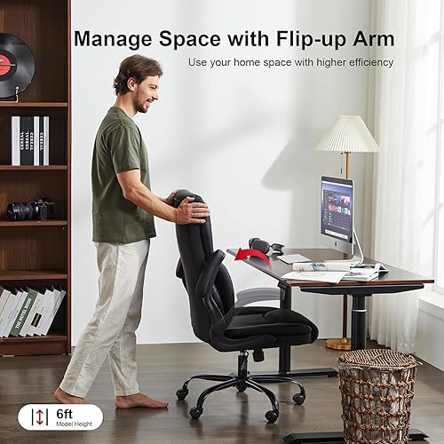 Miniatura 4 de Silla de oficina, grande y alta, 400 libras, silla ergonómica de cuero para computadora con brazos abatibles acolchados, bloqueo de inclinación