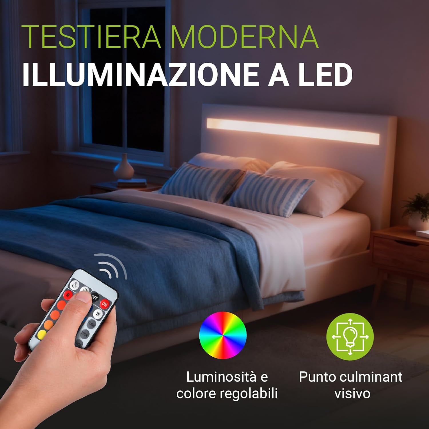 A hand holding an IR remote control, pointing towards the LED-lit headboard of the Juskys Paris bed. The image shows a color wheel and icons for adjustable brightness/color and a visual highlight.