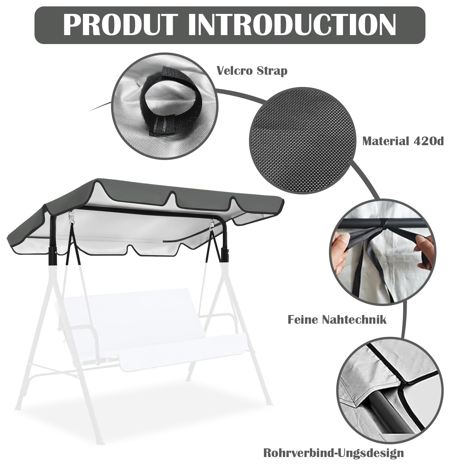 Tetto Dondolo da Giardino, Copertura Dondolo 3 Posti, Impermeabile, Protezione UV, Telo Ricambio Universale, Misure 210 x 145 cm (Grigio)