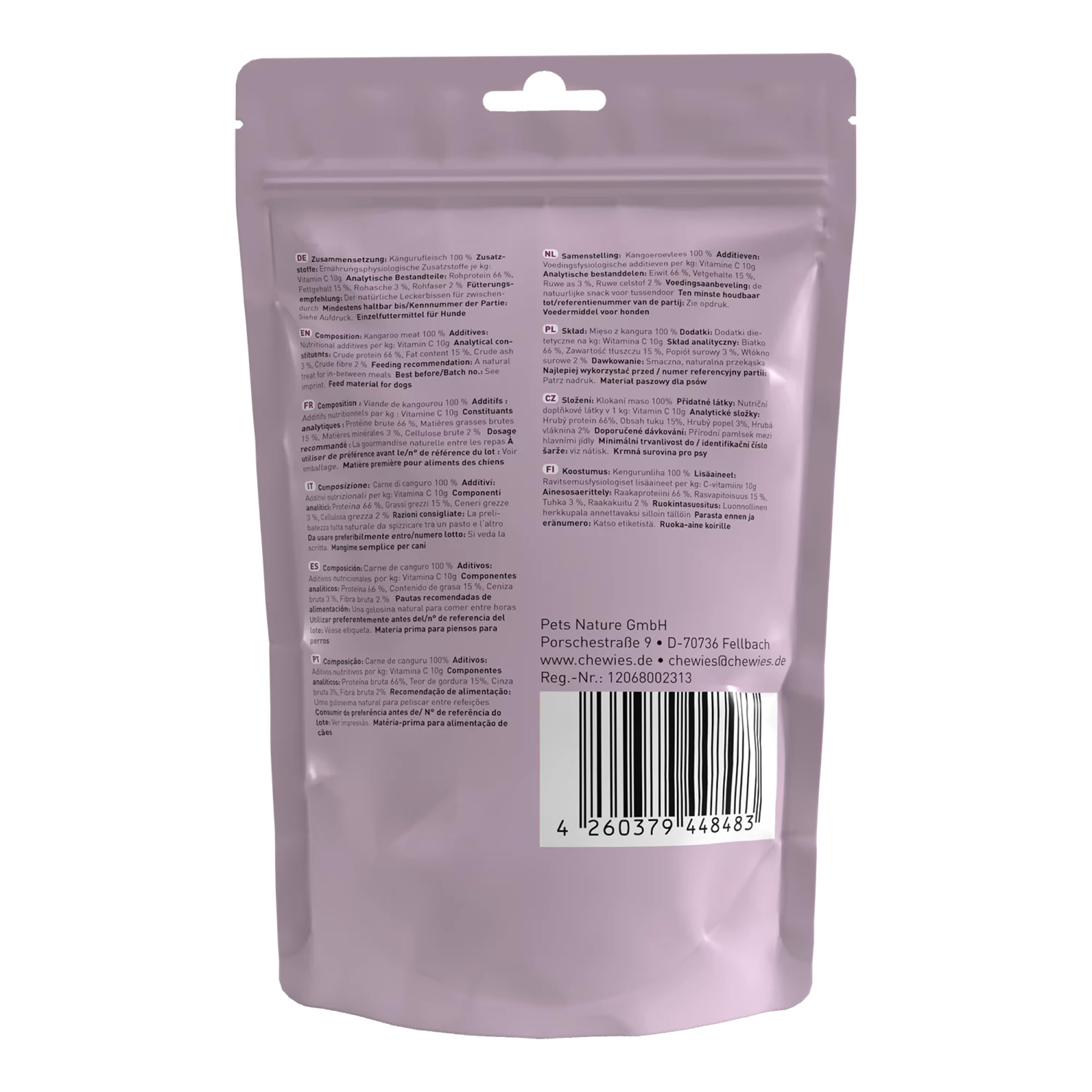 Chewies Paski mięsne Maxi przysmaki dla psa, wykonane w 100% z mięsa kangura, 4 x 150 g, suszone na powietrzu paski kangur dla psów, bez cukru i zbóż, suszone mięso kangura